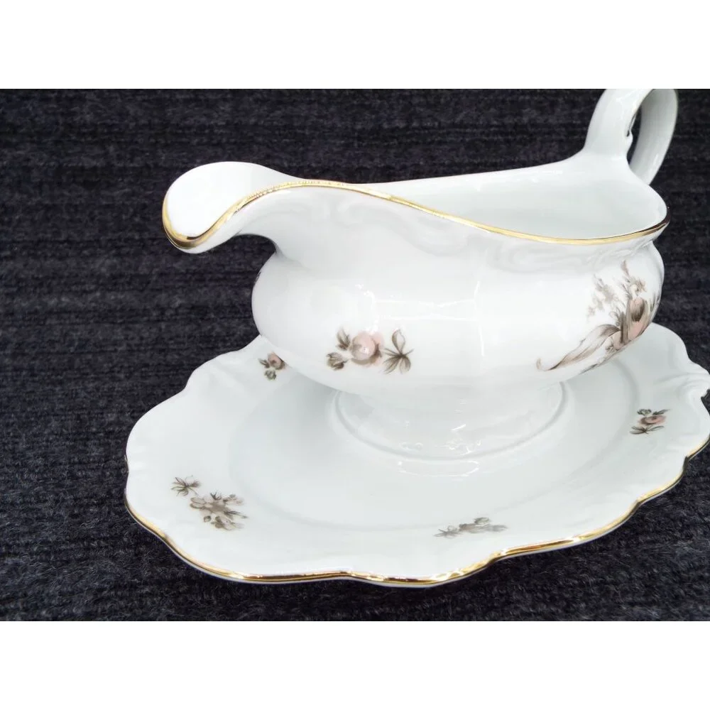 Johann Haviland Sepia Rose Gravy Boat Attached Underplate Bavaria Germany